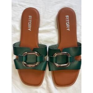 Fitory Hunter Green Slide Sandals Gold Square Hardware Women's Size 9